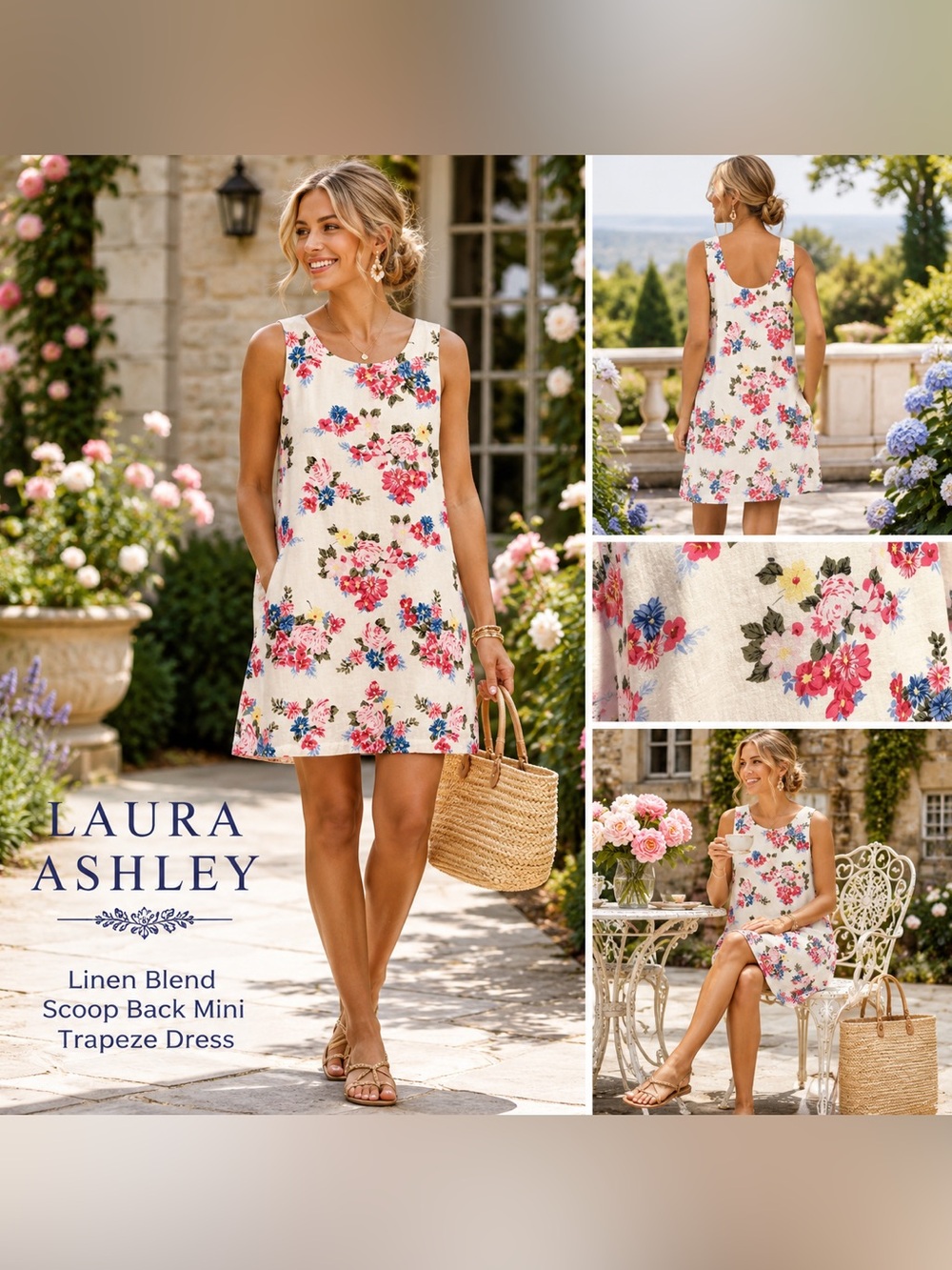 Laura Ashley XS Linen Blend Floral Trapeze Shift Dress Pockets NWOT